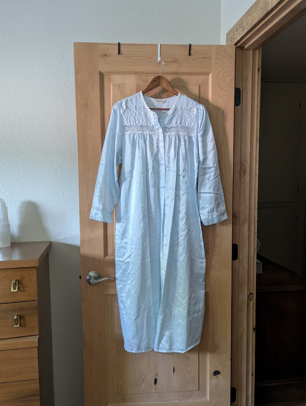 Vintage Light Blue Long Nightgown with Lace Yoke